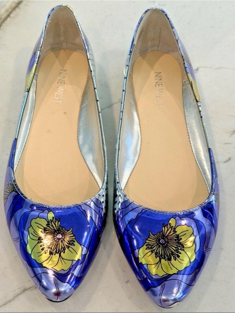Nine West Silver Floral Pointed Toe Ballet Flats with Blue & Purple